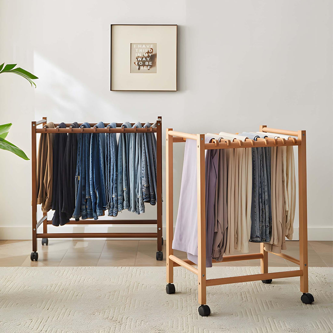 Solid Wood Rolling Pants Trolley | 12-Hanger Closet Organizer on Wheels ...