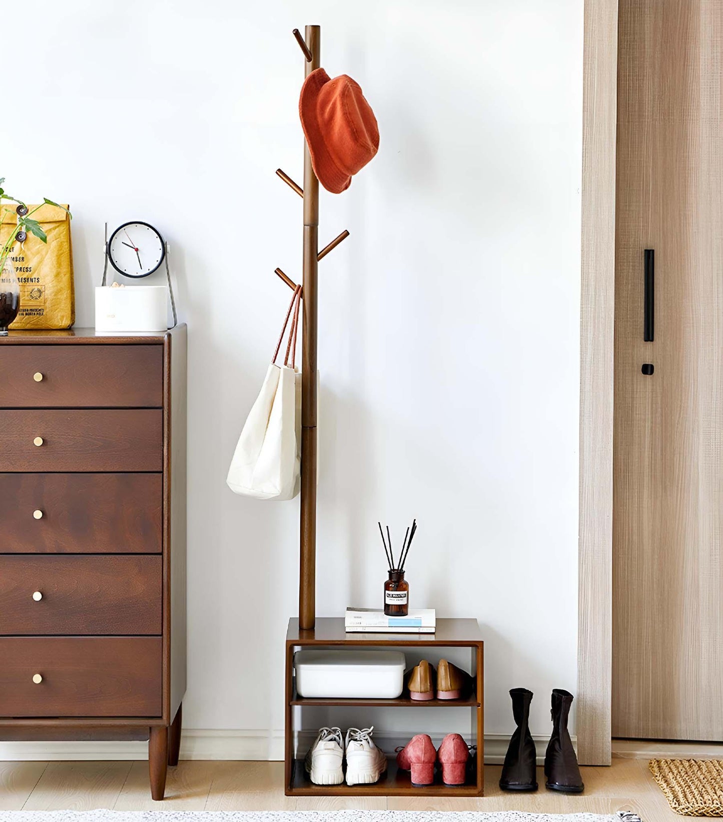 Real Wood Hallway Storage Bench - Shoe Rack with Coats Hooks