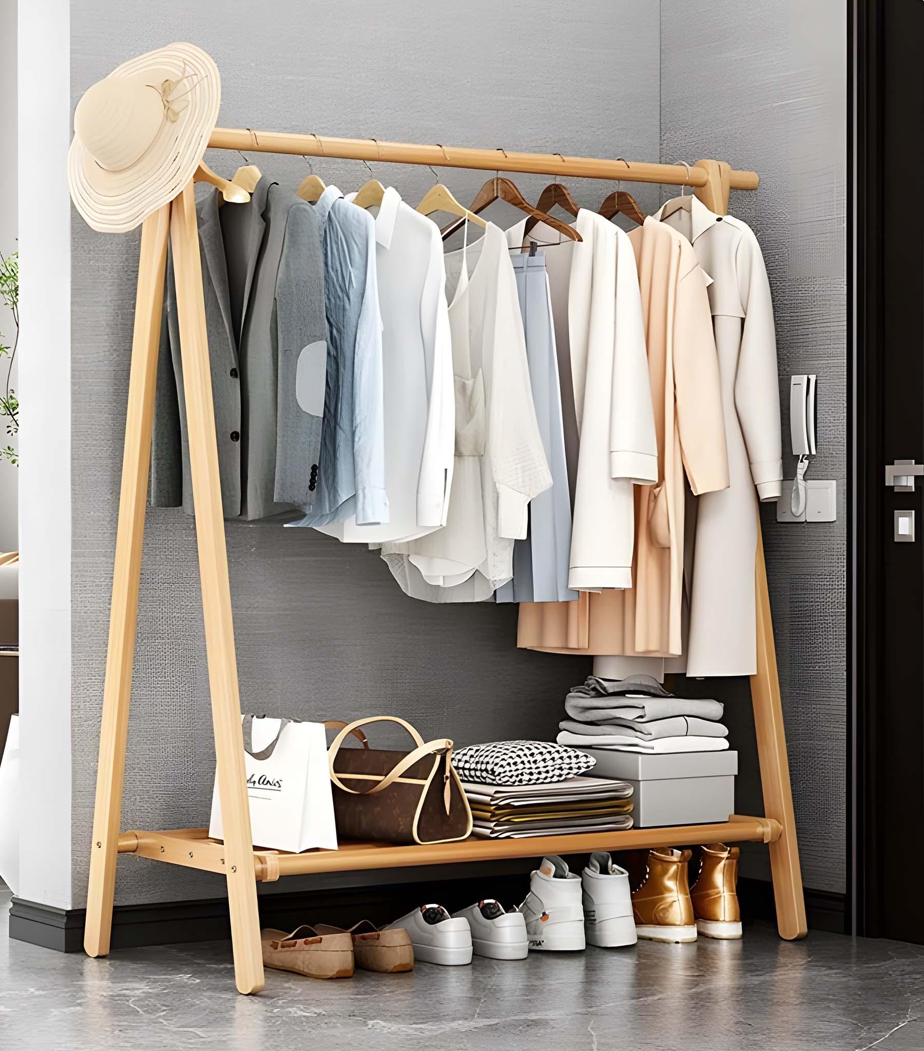 Versatile Foldable Solid Wood Clothes Rack with Shelf - Single Layer / Small / Natural Ash Versatile Foldable Solid Wood Clothes Rack with Shelf - Single Layer / Small / Natural Ash