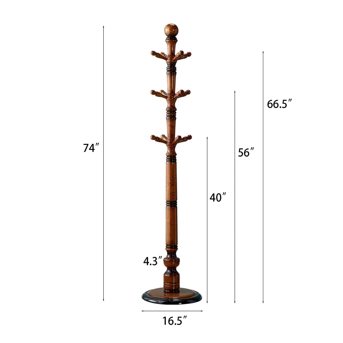 Real Wood Coat Rack - 12 Hooks, Durable Base