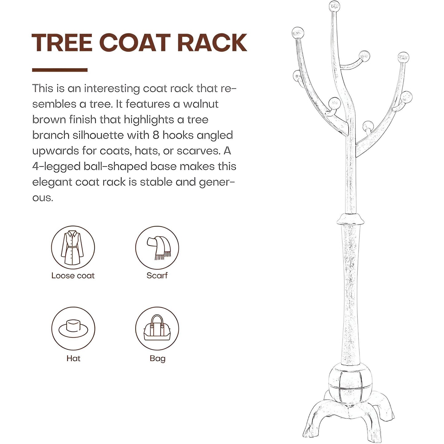 Coat Rack Freestanding Wood Tree Rack with 8 Hooks