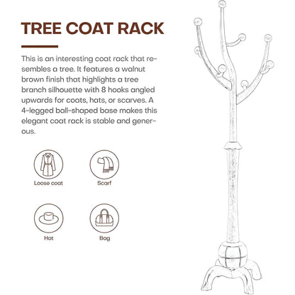 Coat Rack Freestanding Wood Tree Rack with 8 Hooks