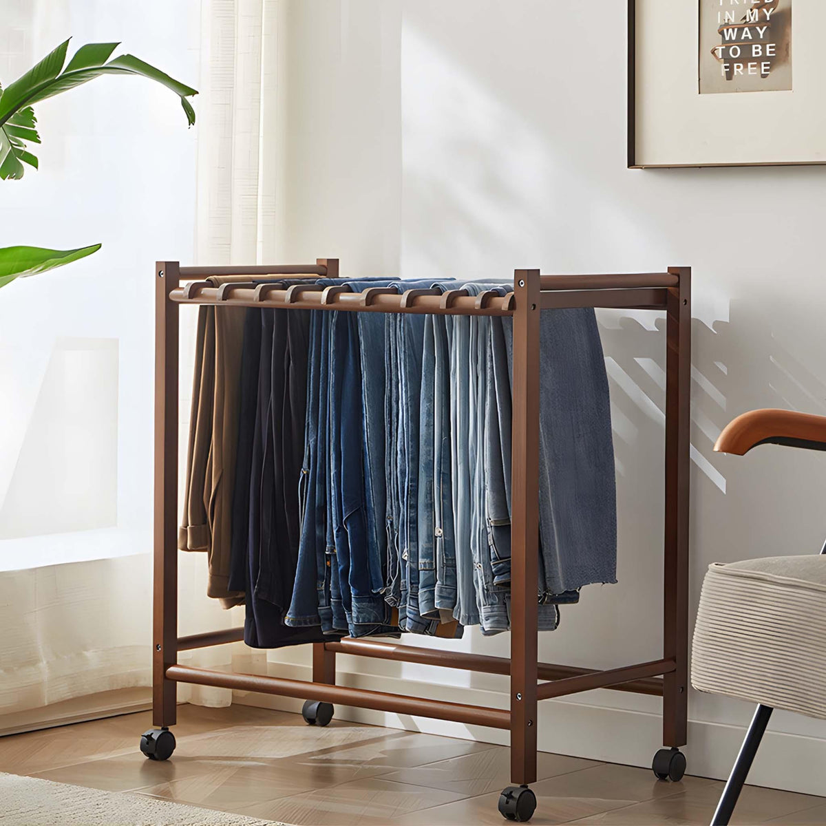 Track Pants Racks Solid Wood Rolling Pants Trolley: 12-Hanger Closet Organizer – Savor Cozy