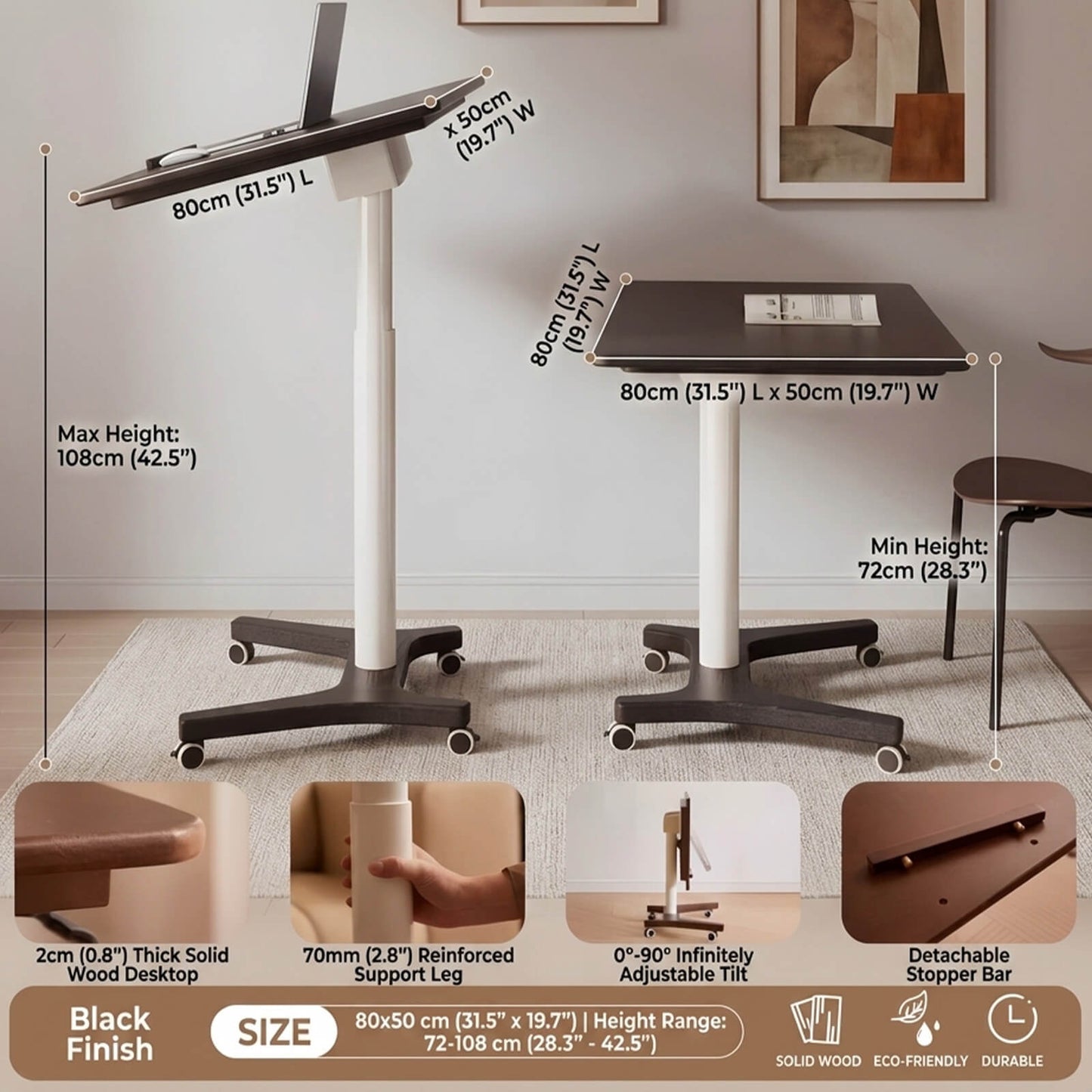 rolling overbed table solid wood