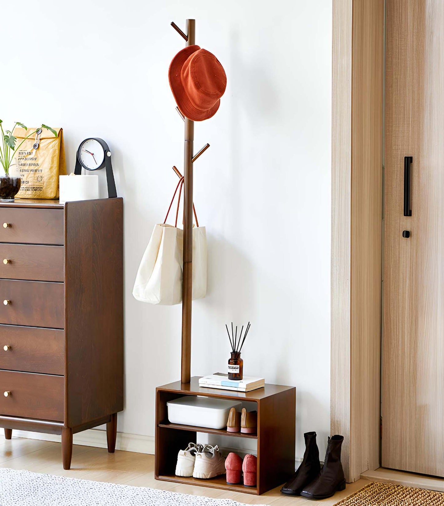 Wooden Shoe Bench with Hanging Rail - Versatile Entryway Organizer