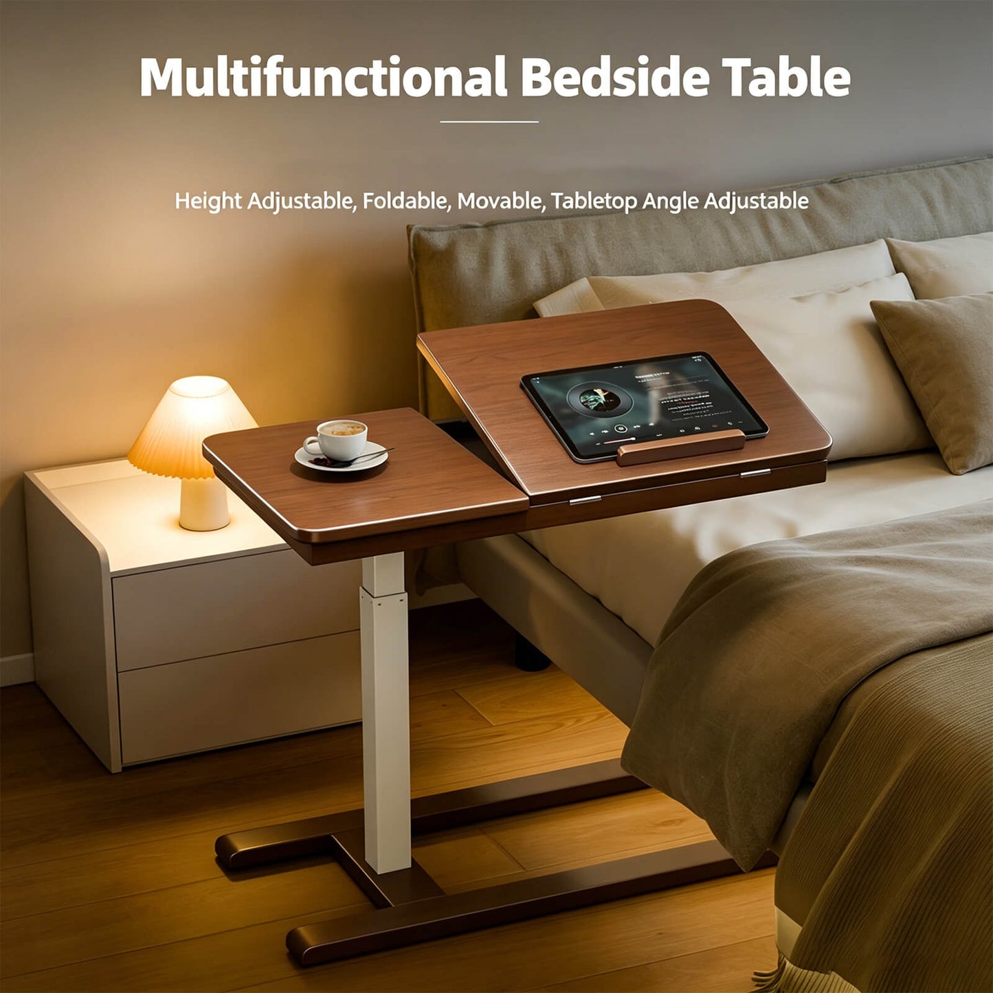 Space-Saving Solid Wood Bedside Table with Wheels - Adjustable Height Tiltable Mobile End Table