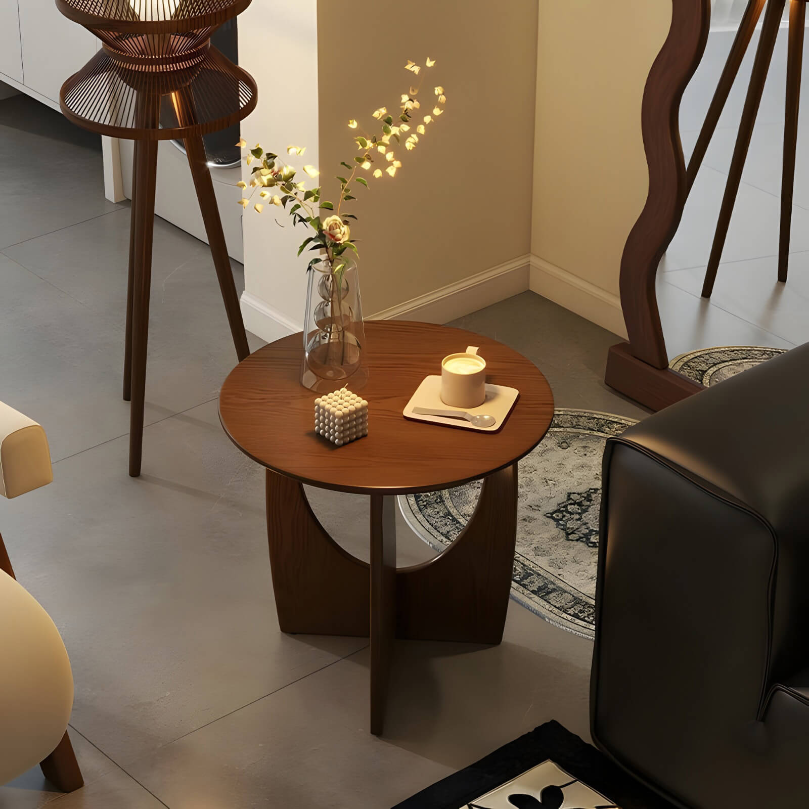 unique solid wood side table with geometric base